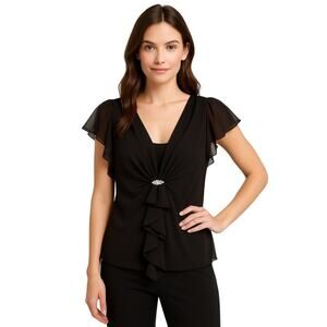 David’s Bridal Chiffon Ruffle-Front Top with Rhinestone Accent, Black, Size 10